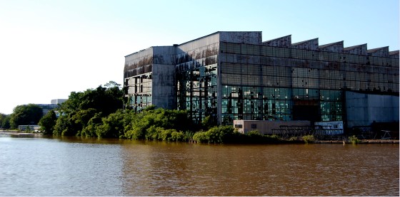 we pass a cool abandoned warehouse on the water's edge